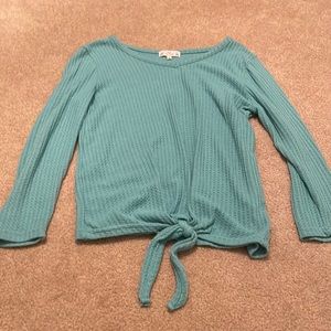 Poof New York, Size medium, blue/green colored sweater with tie in front